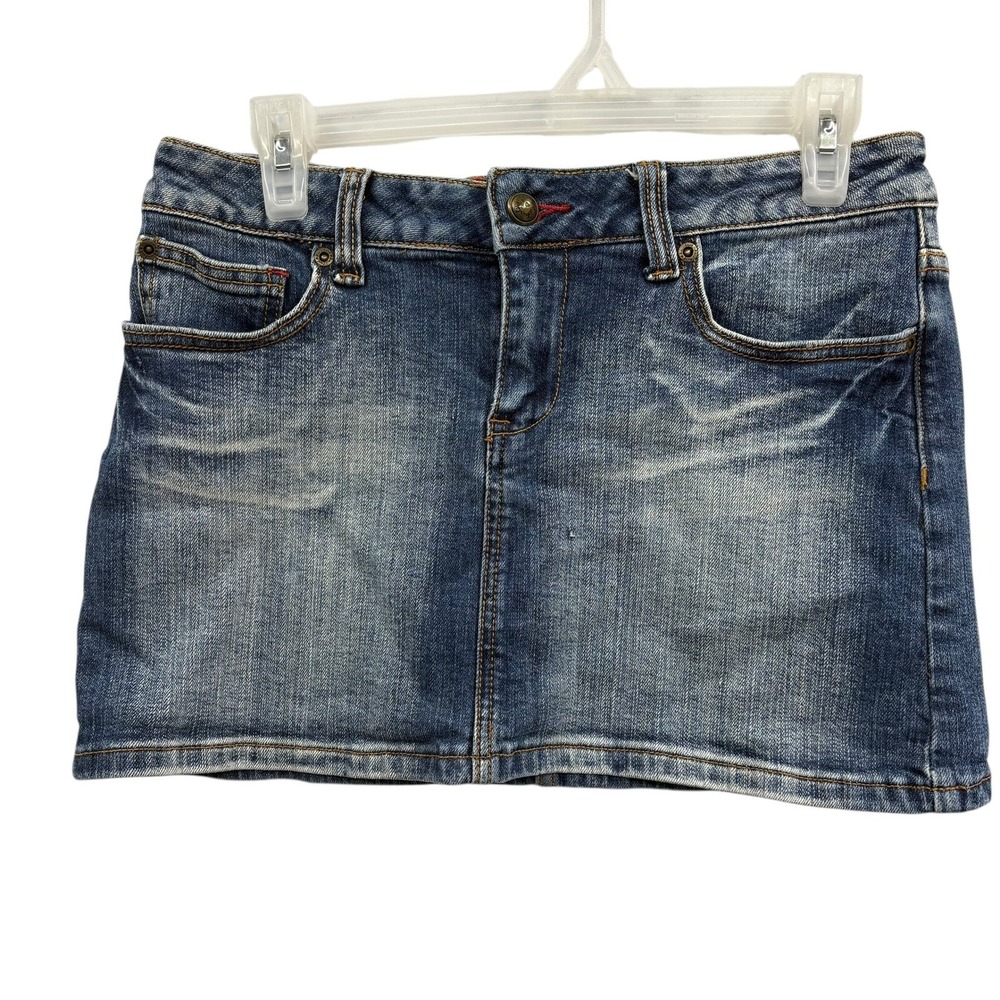 Soundgirl Y2K Denim Mini Skirt Faded Blue Jean Distressed Retro Low Rise Style